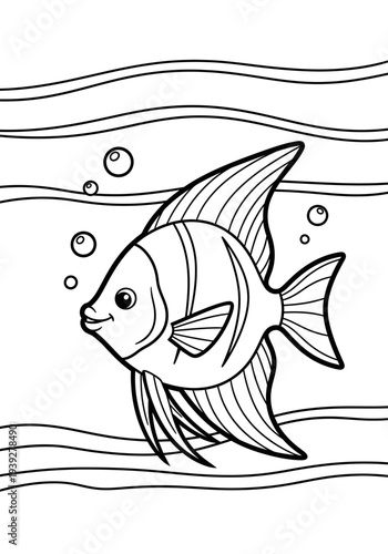 Simple black and white vector illustration of a fish swimming in ocean waves with a friendly and approachable expression