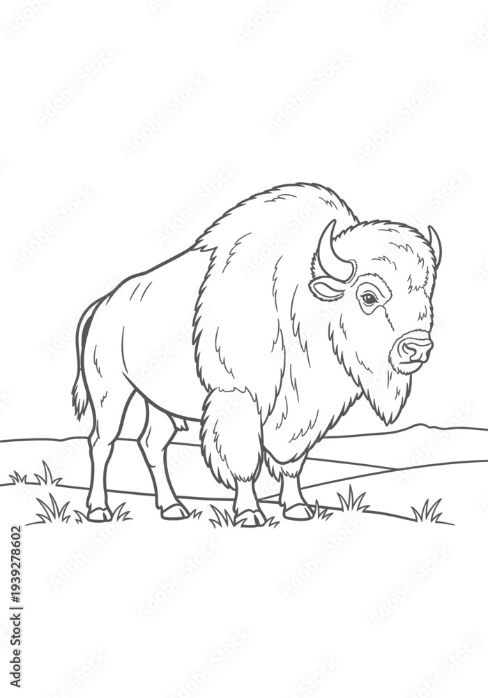 Obraz premium American bison standing in a field with grass and hills in the background vector illustration