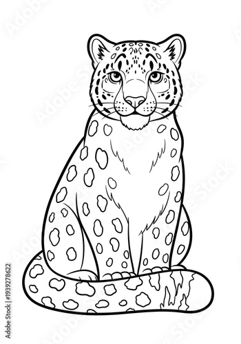 Serene leopard illustration sitting calmly with a gentle expression showcasing its distinctive spots and whiskers in a simple vector graphic design.