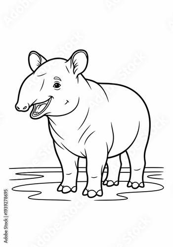 Simple black and white vector illustration of a happy tapir standing on all fours with a big smile on its face.