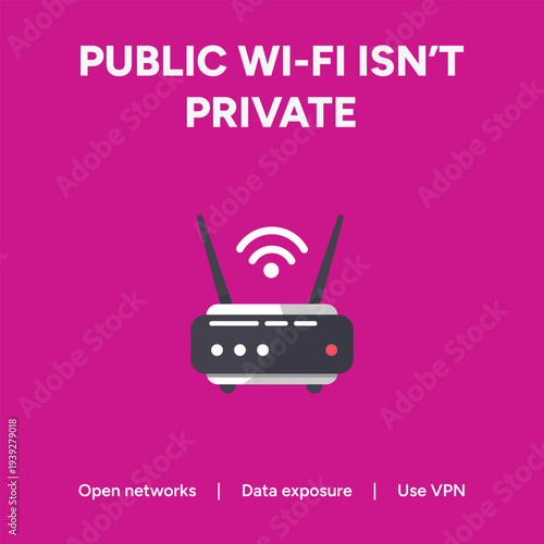 Simple vector illustration design warning that connecting to public wifi hotspots creates security vulnerabilities and exposes user data requiring caution