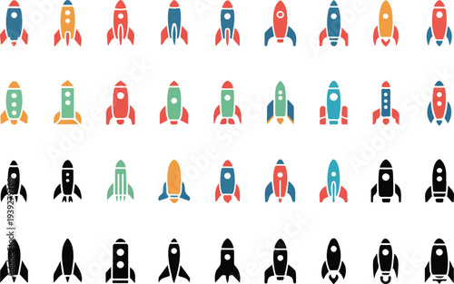 Flat Rocket Spaceship Vector Icons Collection for Startup Growth and Space Exploration Themes