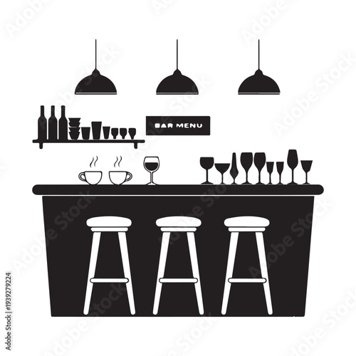 Modern Bar Counter Interior Silhouette With Stools Bottles Glasses And Hanging Lamps.