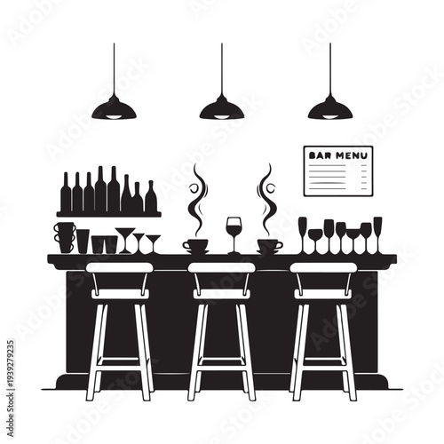 Modern Bar Counter Interior Silhouette With Stools Bottles Glasses And Hanging Lamps.