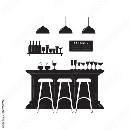 Modern Bar Counter Interior Silhouette With Stools Bottles Glasses And Hanging Lamps.