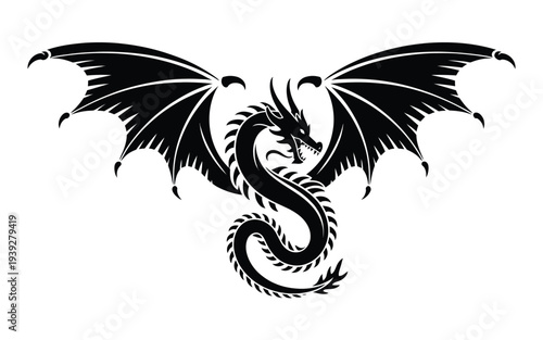 Black dragon with wings and curved body mythical creature