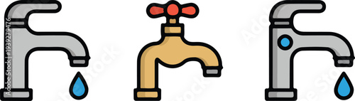 Modern and Retro Faucet and Tap Icon Collection Highlighting Plumbing Fixtures and Water Conservation Concepts