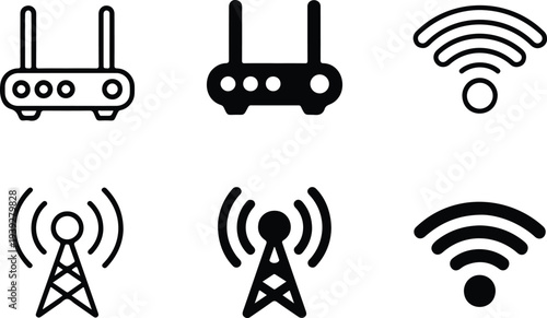 Wireless Network Technology Icon Set Featuring WiFi Routers, Signal Towers, and Internet Connection Symbols in Black Styles