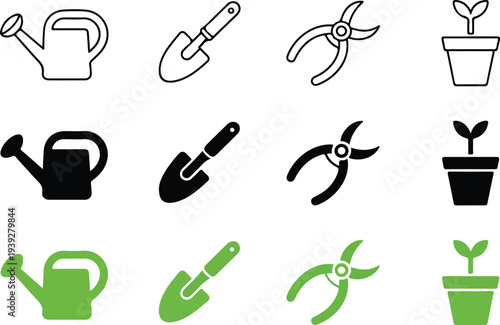 Essential Garden Maintenance Icon Set Featuring Watering Can, Hand Trowel, Garden Shears, and Plant Pot for Landscaping
