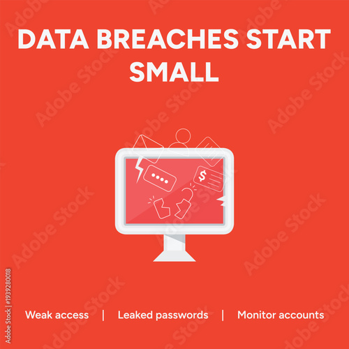 Cyber security warning vector illustration showing digital data breaches starting from small insecure access points leading to system compromise and financial loss warnings