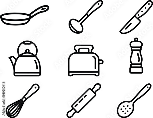 Minimal Kitchen Tools Line Art Icon Set Featuring Frying Pan Knife Ladle Whisk Rolling Pin Kettle Toaster Pepper Grinder