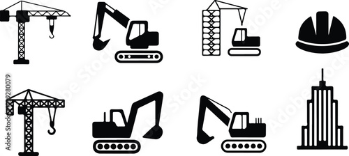 Construction Equipment And Building Icons Collection With Tower Crane Excavator Safety Helmet And Skyscraper In Modern Vector Styles