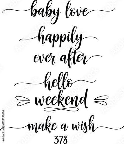 Cursive script phrases on a white background for various occasions and sentiments