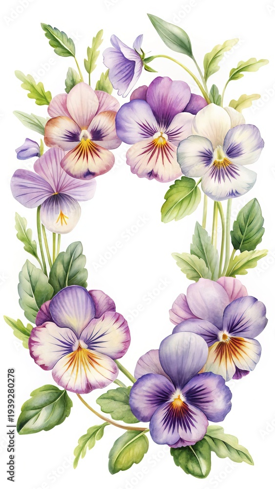Obraz premium Delicate Watercolor Pansy Wreath with Soft Purple, Lavender, and White Hues