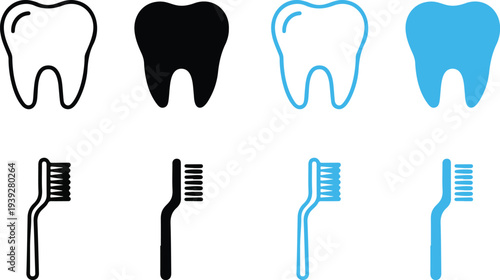 Dental Health And Oral Hygiene Icon Set Featuring Molar Teeth Toothbrush And Dentist Mirror In Outline Solid And Blue Styles