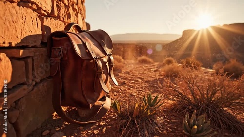 Weathered leather motorcycle bag resting against a rugged desert landscape at sunset