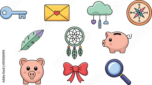 Daily Object And Symbol Icon Collection Featuring Key Envelope Wind Chime Compass Dreamcatcher Piggy Bank Bow And Magnifier