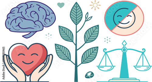 Illustrative depiction of mental wellness brain heart nature balance and emotional health high quality