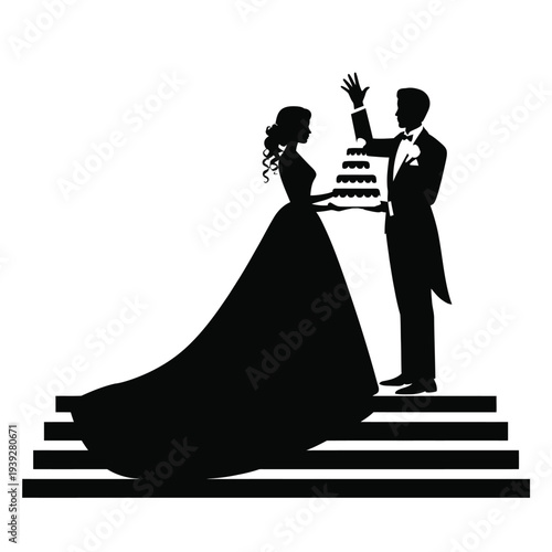 Bride and groom cutting wedding cake on stairs