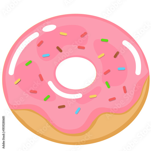 Pink Glazed Donut with Colorful Sprinkles Vector Illustration Isolated on White Background
