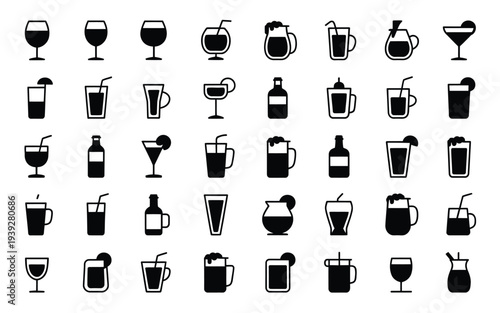 Collection of black and white drink containers and glasses