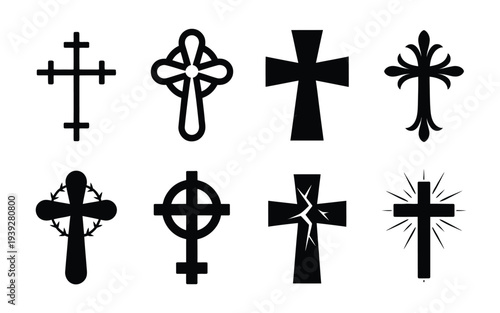 Eight different black cross symbols on white background
