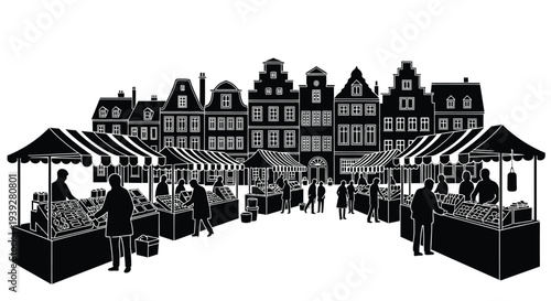 A bustling outdoor market scene with detailed building silhouettes