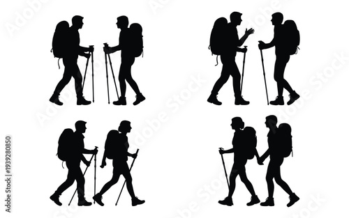 Four silhouettes of hikers with trekking poles walking