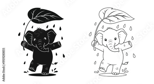 Adorable elephant sheltering from rain with a large leaf umbrella