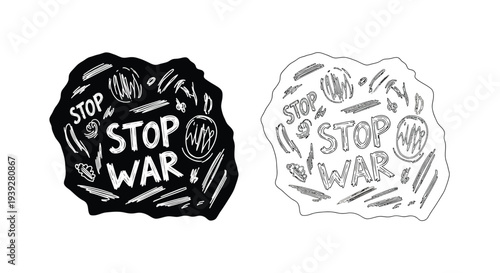 Black and white illustrations of a protest sign reading stop war