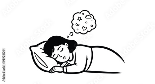 A person peacefully sleeping with a thought bubble filled with symbols