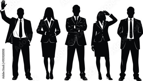 Collection of professional business people silhouettes featuring men and women in formal suits standing for corporate leadership teamwork recruitment and office worker success concepts.