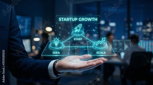 Businessman presenting startup growth stages in modern office