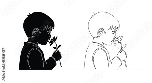 A child smelling a flower depicted in dual black and white styles
