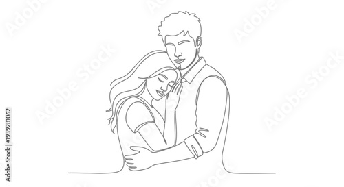 A couple embracing in a continuous line drawing style illustration