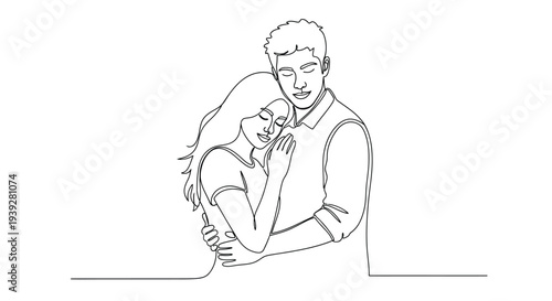A couple embracing in a continuous line drawing showing affection and intimacy