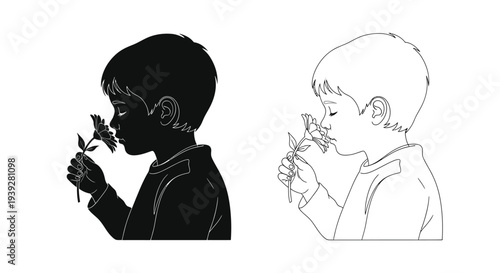 Two profiles of a child smelling a flower presented in contrasting tones