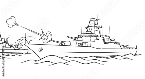 Naval battle scene depicting warships exchanging fire on the open sea