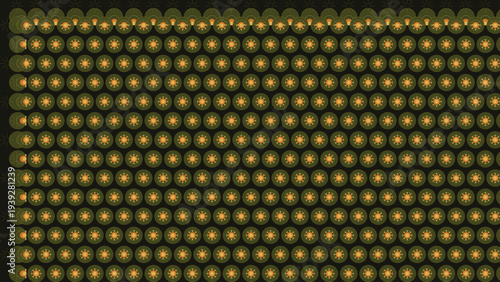 ornate olive green and gold seamless pattern features intricate circular motifs and stylized sun details, creating a luxury decorative background for premium textile and wallpaper designs
