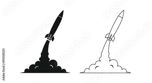 Two rocket ship illustrations showing launch with exhaust plumes