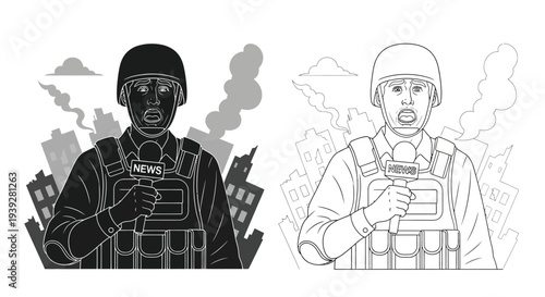 Reporter in combat zone delivers news amidst a burning cityscape