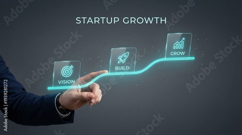 Businessman presenting startup growth strategy with vision, build, and grow icons