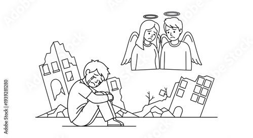 A grieving boy is comforted by angels amidst the ruins of a city