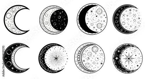 Celestial Moon Phases Collection: Cosmic Crescent and Full Moon Icons with Stars