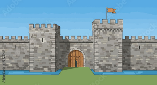 Medieval Castle Gatehouse with Moat and Flag