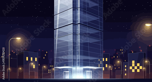 Modern Glass Skyscraper at Night with City Lights