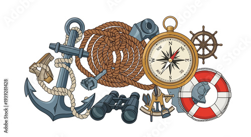 Nautical Adventure Gear: Anchor, Compass, Binoculars, Rope, Lifebuoy, Sextant, Ship Wheel