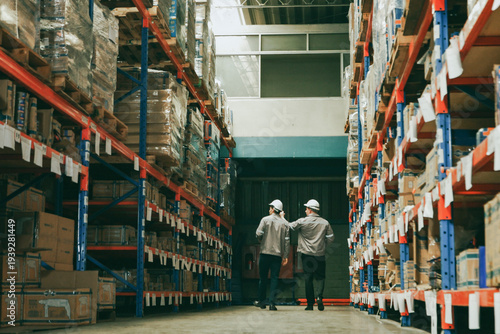Two male warehouse workers are talking in the moving aisle area and jointly checking the orderliness of parcels placed on pallets on shelves in a storage area in an industrial and logistics warehouse.