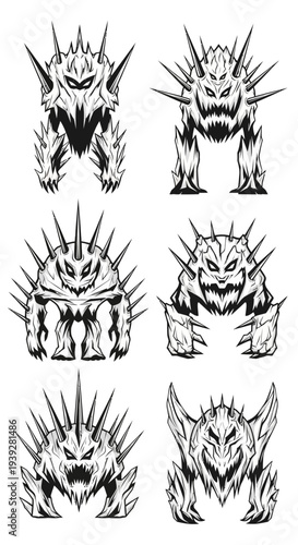 Spiky Monster Collection: Six Terrifying Creatures with Sharp Teeth and Horns, Black and White