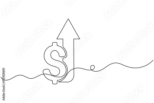 Dollar sign with up arrow continuous one line drawing and isolated outline vector illustration